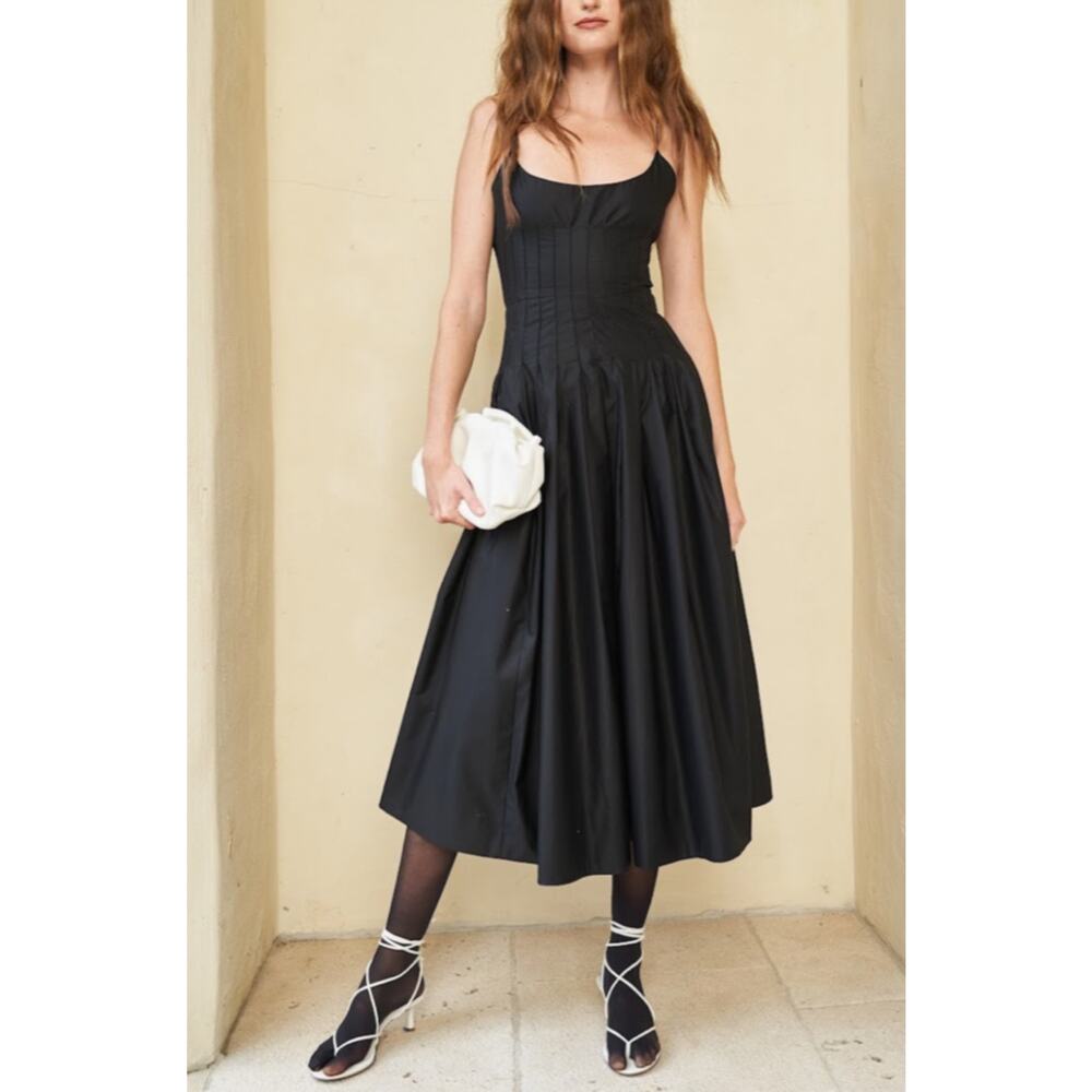 Hunter Bell Naomi Dress Black Corset Midi Cotton Spaghetti Strap Size 2
